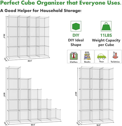 C&AHOME Cube Storage Organizer, 16-Cube Shelves Units, Plastic Storage Cubes, DIY Closet Organizer, Modular Closet Storage Shelf Ideal for Home, 48.4" L × 12.4" W × 48.4" H Transparent Twill UPCS16T - Image 2