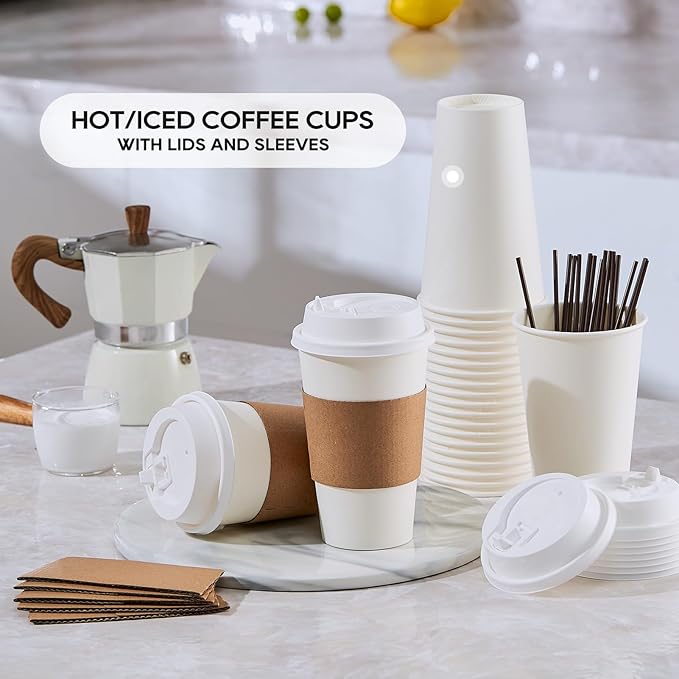 JOLLY PARTY [50 Pack] 20 oz Paper Coffee Cups, Disposable Paper Coffee Cup with Lids, Sleeves, and Stirrers, Hot/Cold Beverage Drinking Cup for Water, Juice or Tea, Suitable for Home, Shops and Cafes - Image 7