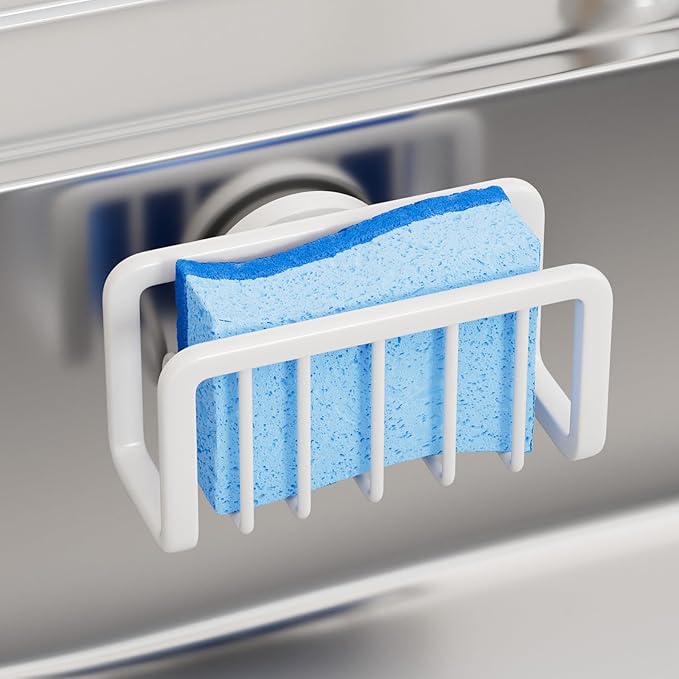 TAILI Sink Caddy with Strong Suction Cup, Sponge Holder for Kitchen Sink Oganizer, Removable Rustproof Aluminum Sponge Holder, Dish Brush for Scraper - White by TAILI