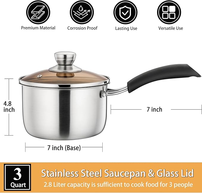 P&P CHEF 3 Quart Saucepan Small Pot, Stainless Steel Saucepan with Lid, Small Sauce Pan for Home Kitchen Restaurant Cooking, Visible Glass lid & Bakelite Heat-Proof Handles,Dishwasher Safe, 1 Pc - Image 2