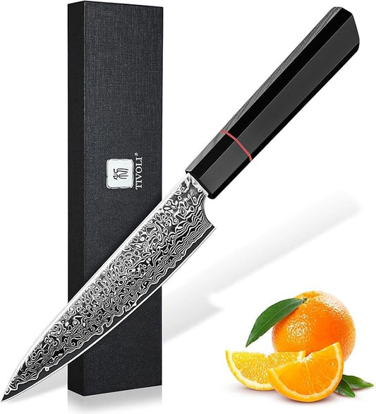 TIVOLI Damascus Kitchen Utility Knife - 67-Layer Forged Blade, VG10 Razor-Sharp Edge, Carbon Fiber Handle, Perfect for Peeling, Slicing & Trimming - Precision Balance & Gift Box Included