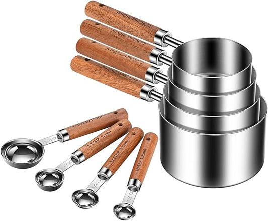 Stainless Steel Measuring Cups and Spoons Set of 8, Stackable Wooden Handle Metal Measuring Cup & Spoon Set with Metric & US Measurements, Rustic Farmhouse Kitchen Gadgets for Dry & Liquid Ingredients