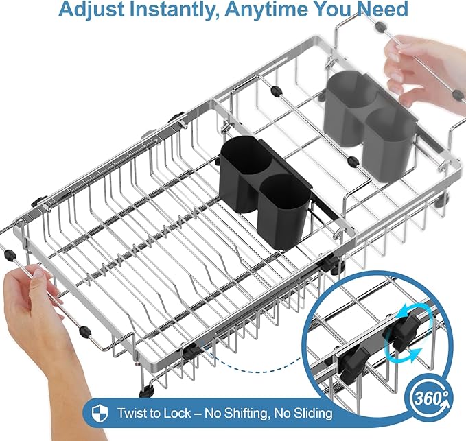 GSlife Dish Drying Rack Over the Sink - Expandable Stainless Steel Heavy Duty Dish Drainer for Small Kitchen Apartment, Space Saving Sink Rack with Secure Lock Knob and Utensil Holder, Silver