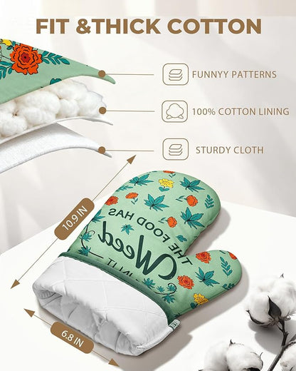 Slohif Funny Oven Mitts and Pot Holder for Women - Heat Resistant Leaf Cute Novelty Kitchen Oven Mittens 100% Cotton, Non-Slip Silicone Surface Pot Holder for Baking and Cooking Accessories