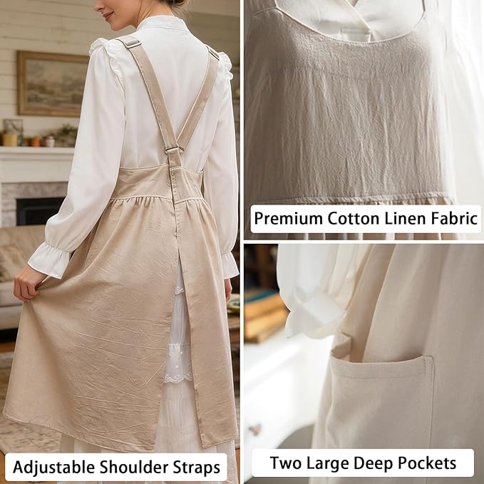 Uaussi Cotton Linen Apron Cross Back Work Apron for Women with Pockets Pinafore Dress X Cross Halter Apron for Chef Gardening - Image 2