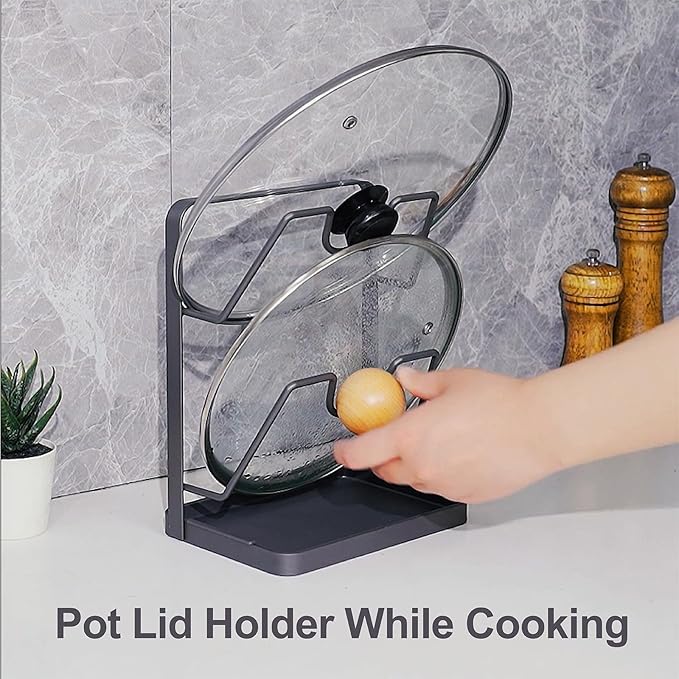 Pot Lid Holder While Cooking, Kitchen Pot Lid Storage Rack for stove top, Multifunctional Kitchen Pot Lid Organizer for Countertop (Iron,Dark Grey) - Image 2