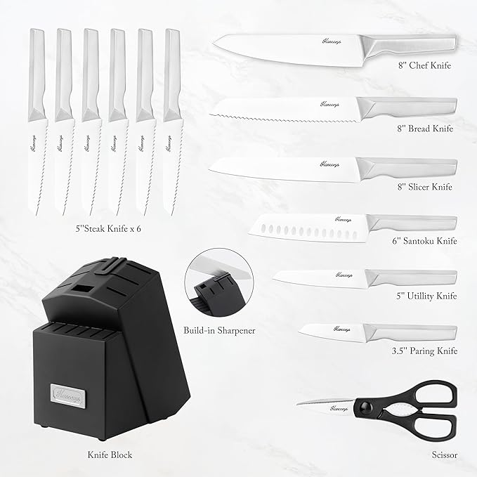 Kitchen Knife Set, Japanese Stainless Steel Knife Block Set with Built-in Sharpener, Sharp Knives with Non-slip Ergonomic Handle - Dishwasher Safe, Home Essential Gifts - Image 2