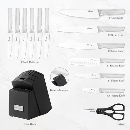 Kitchen Knife Set, Japanese Stainless Steel Knife Block Set with Built-in Sharpener, Sharp Knives with Non-slip Ergonomic Handle - Dishwasher Safe, Home Essential Gifts - Image 2