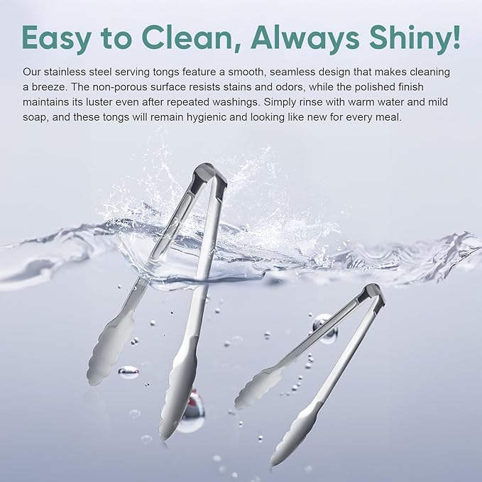 12 pieces Buffet Tongs 9'' Inches Serving Tongs Heavy Duty Stainless steel Kitchen and BBQ Utility Tong (Silver, 9inch) - Image 6