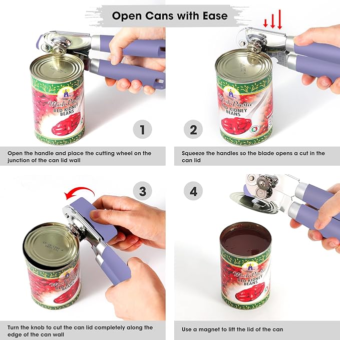 Beneno Heavy Duty Hand Can Opener Manual with Magnet, Durable Sharp Carbon Steel Blade Smooth Cutting, Big Effort-Saving Knob, Soft Grip Handle, Multifunctional Kitchen Tool with Bottle Opener, Purple - Image 6