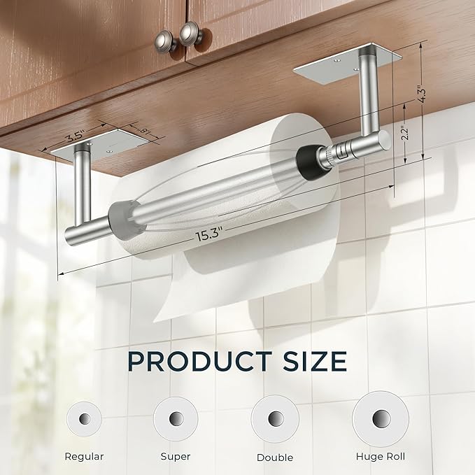 FORIOUS Paper Towel Holder Under Cabinet, Single Hand Operable with Adjustable Damping for Easy Tear, Adhesive or Drill Wall Mount,304 Stainless Steel Commercial Paper Towel Holder for Kitchen, Silver - Image 3