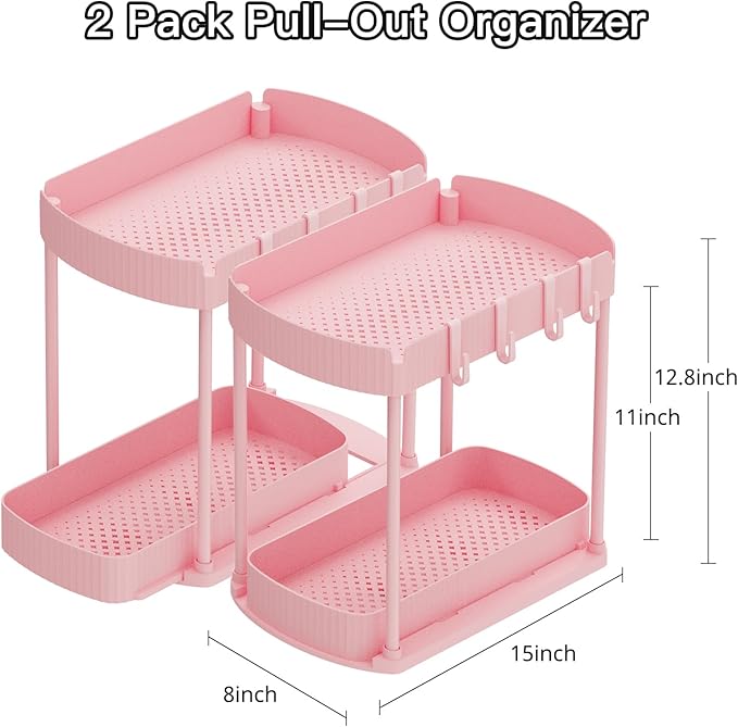 Ukeetap 2 Pack Multi-Purpose Pull-Out Storage Organizers, Under Sink & Cabinet Organizers, 12.8 Inch Pink - Image 2