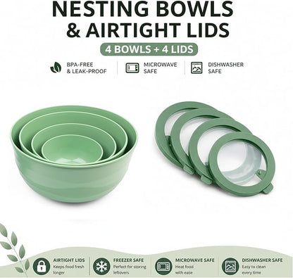 Pera Mixing Bowls with Lids Set, 8 Piece (4 Bowls + 4 Airtight Lids), BPA Free Nesting Kitchen Bowl Set for Mixing & Food Storage, Microwave & Dishwasher Safe (Green)