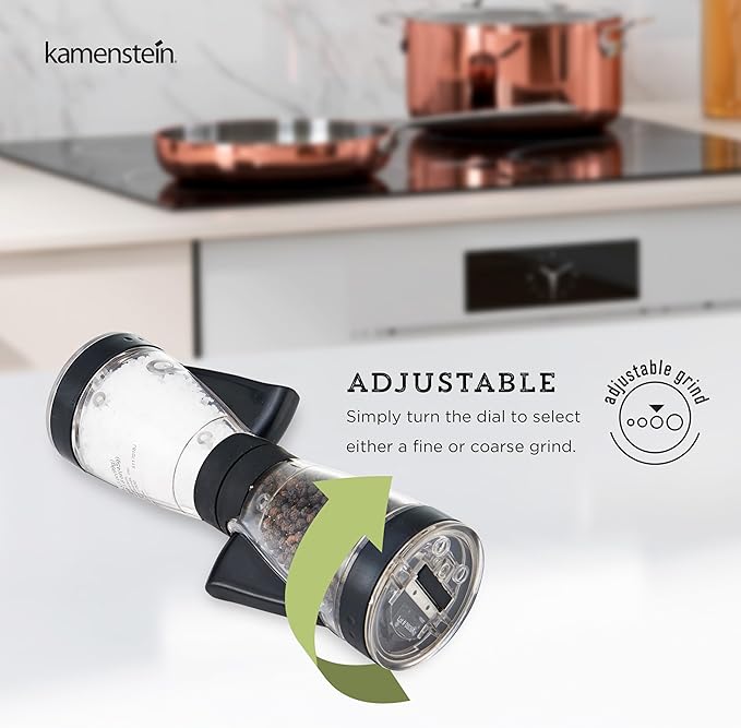 Kamenstein 5117018 One-Handed 2-in-a-1 Dual Salt and Pepper Grinder - Adjustable and Refillable, 8-Inch