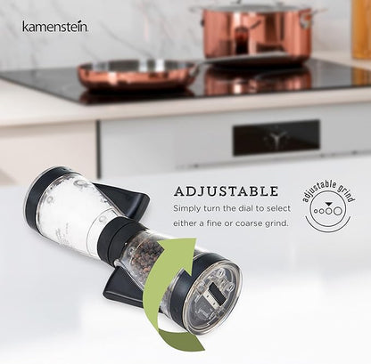 Kamenstein 5117018 One-Handed 2-in-a-1 Dual Salt and Pepper Grinder - Adjustable and Refillable, 8-Inch