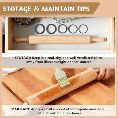 Long Adjustable Wood Rolling Pin: 21.1 Inch Rolling Pin with Thickness Rings and Measurement - Wooden Dough Roller for Baking Pastry Pizza Pie Crust Tortillas Cookie Bread - Bakers Baking Lovers - Image 8