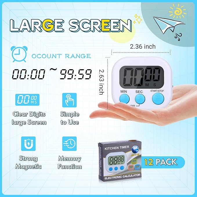 Mwellewm 12Pcs Digital Timers for Classroom Kitchen Timers for Cooking Small Magnetic Stopwatch Mini Countdown Timer Loud Alarm Stop for Study Work Baking Sports Games Office Timer Clock (White) - Image 5