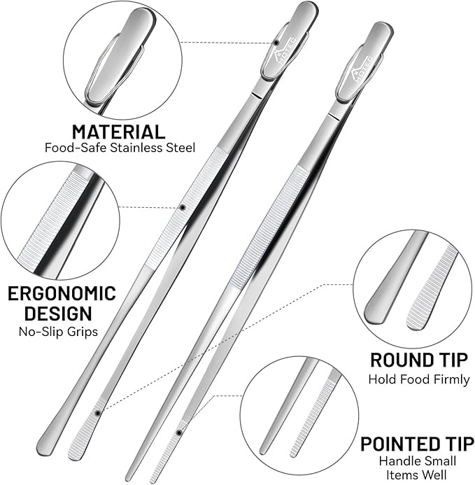 HOTEC Kitchen Tweezers Tongs Stainless Steel Professional Chef Tweezers, Set of 2-12inch Extra-Long Food Tongs for Cooking,Grill and Baking - Image 5