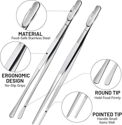 HOTEC Kitchen Tweezers Tongs Stainless Steel Professional Chef Tweezers, Set of 2-12inch Extra-Long Food Tongs for Cooking,Grill and Baking - Image 5
