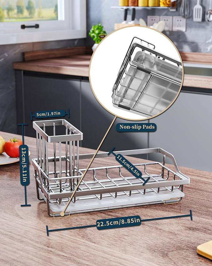 Consumest Sink Caddy, Kitchen Sponge Holder with Dish Brush Holder, Kitchen Sink Organizer with Drip Tray for Countertop Stainless Steel Rustproof, Silver-Large - Image 7