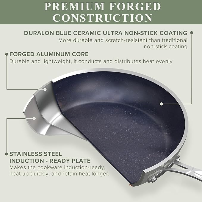 Nuwave Healthy Duralon Blue Ceramic Nonstick Cookware Set, Diamond Infused Scratch-Resistant, PFAS Free, Dishwasher & Oven Safe, Induction Ready & Evenly Heats, Tempered Glass Lids & Stay-Cool Handles - Image 2