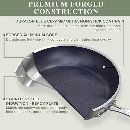 Nuwave Healthy Duralon Blue Ceramic Nonstick Cookware Set, Diamond Infused Scratch-Resistant, PFAS Free, Dishwasher & Oven Safe, Induction Ready & Evenly Heats, Tempered Glass Lids & Stay-Cool Handles - Image 2