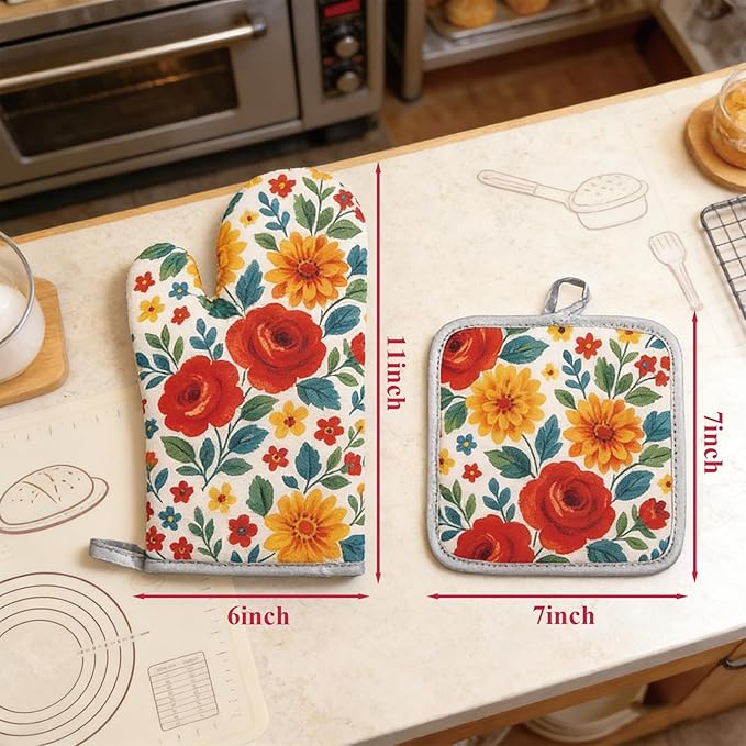 Floral Oven Mitts and Pot Holders Sets 2 Pcs, Canvas Heat Resistant Kitchen Mittens with Hot Pads, Vintage Farmhouse Country Decor, Non-Slip Cooking Baking Grilling Gifts for Women Mom (Flower1)