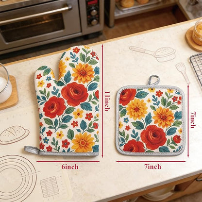 Floral Oven Mitts and Pot Holders Sets 2 Pcs, Canvas Heat Resistant Kitchen Mittens with Hot Pads, Vintage Farmhouse Country Decor, Non-Slip Cooking Baking Grilling Gifts for Women Mom (Flower1)