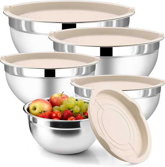 5 Piece Stainless Steel Mixing Bowls with Lids Set - Khaki Nesting Metal Mixing Bowls for Kitchen, Sizes 4.5, 4, 3.5, 2.1, 1.5 Qt for Baking, Cooking and Serving, Dishwasher Safe