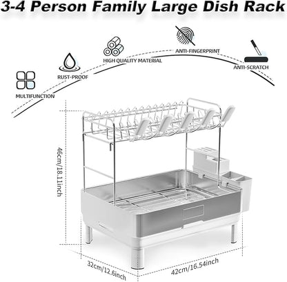 Ewaiira Dish Drying Rack, 2 Tier Large Dish Rack, Stainless Steel Dish Drainer for Kitchen Counter, Dishes Rack with Automatic Drainage, Utensil Holder&Cups Holder,Space Saving Kitchen Organizer,White - Image 9