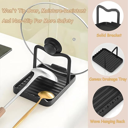 Spoon Rest with Lid Holder, Stainless Steel Lid Holder While Cooking & Organizer with Detachable Drain Tray, Anti-Rust Countertop Space Saver for Spoons, Spatulas (Black) - Image 4