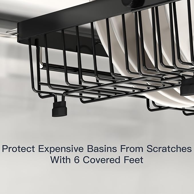 MAJALiS Expandable Stainless Steel Over The Sink Dish Drying Rack for Small Kitchen Counter Space Saving, Compact RV Plate Drainer Strainer in Black Wire Metal with Hanging Adjustable Utensil Holder - Image 8