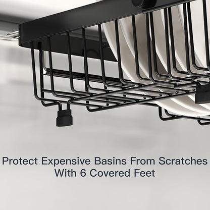 MAJALiS Expandable Stainless Steel Over The Sink Dish Drying Rack for Small Kitchen Counter Space Saving, Compact RV Plate Drainer Strainer in Black Wire Metal with Hanging Adjustable Utensil Holder - Image 8