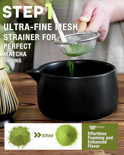 20OZ Matcha Whisk Set - 5PCS Matcha Set Includes Macha Bowl with Spout, Bamboo Whisk with Ceramic Holder, Bamboo Scoop and Sifter, Matcha Kit for Ceremony, Gift for Matcha Lovers (Matte Black)