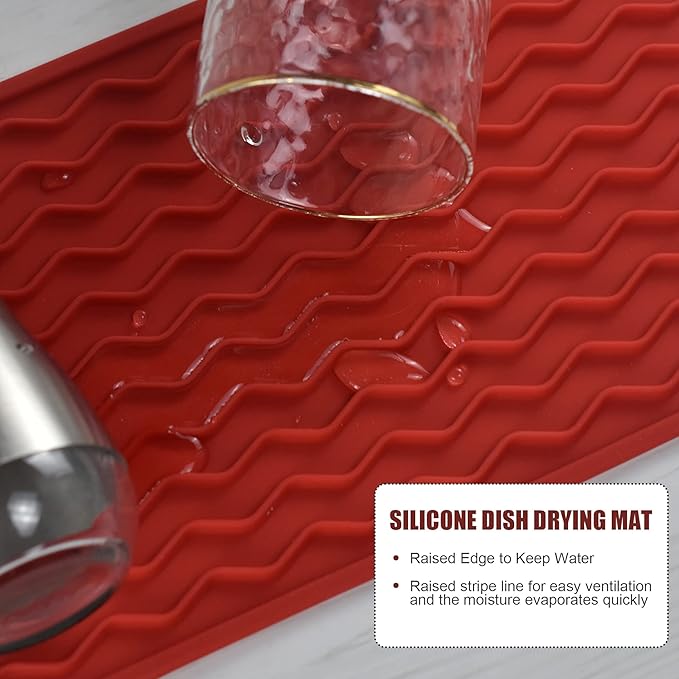 Silicone Dish Drying Mat, Non-Slip Easy Clean Sink Mat Large Heat-resistant Dish Drainer Mat for Kitchen Counter, Sink, Refrigerator or Drawer liner (12" x 6", RED) - Image 4