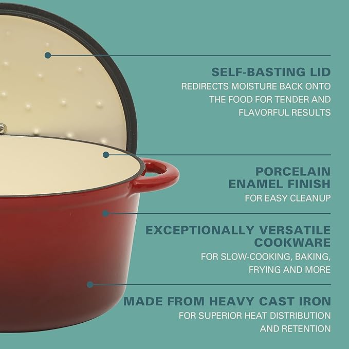 Gibson Home Addlestone 7 Qt Enameled Cast Iron Dutch Oven Pot with Lid – Round, Oven Safe to 500°F, Ideal for Bread Baking & Stews - Gradient Red - Image 3
