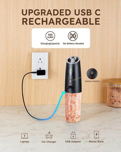 Sangcon Gravity Electric Salt and Pepper Grinder Set Shakers - UPGRADED RECHARGEABLE 9OZ XL Capacity USB-C No Battery Needed - LED Light One Hand Operation, Adjustable Coarseness Automatic Mill Set - Image 3