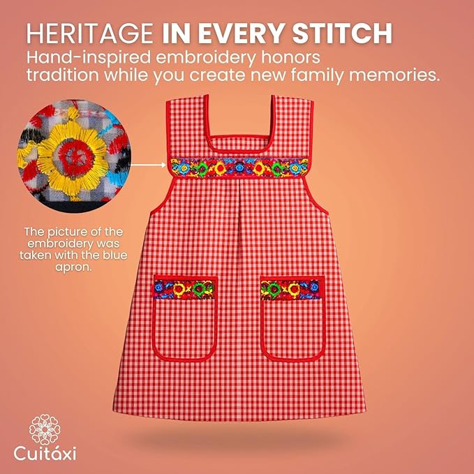 Cuitáxi Traditional Mexican apron for women with deep pockets and beautiful flower embroidery 1 piece - Mandiles para mujer