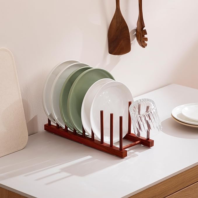 HBlife Rosewood Wooden Dish Drying Rack - Home and Kitchen Organizer for Cups, Bowls, Pots, Lids, Cutting Boards & Plates Space-Saving for Cabinets Counters (8 Slots)