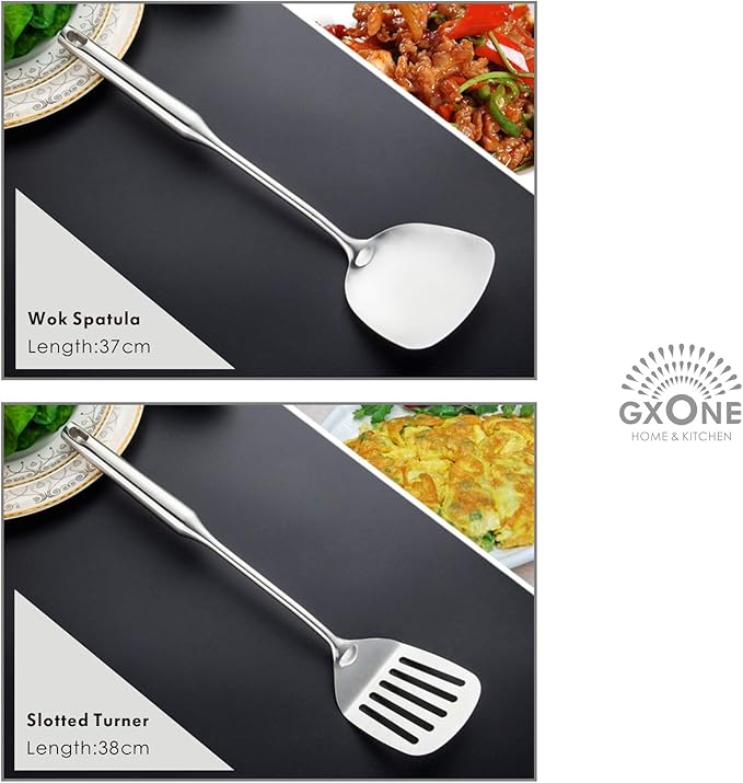 Kitchen Utensil Set – 6 Piece Stainless Steel Cooking Utensils with Rotating Holder Organizer Includes Slotted Spoon, Slotted Spatula, Large Spoon, Soup Ladle, Spatula, Pasta Server Silver/7PCS - Image 2