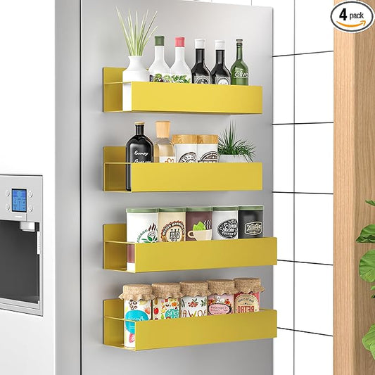 HuggieGems 4 Pack Magnetic Spice Storage Rack Organizer for Refrigerator and Oven, Gold Fridge Organizers and Storage by HuggieGems
