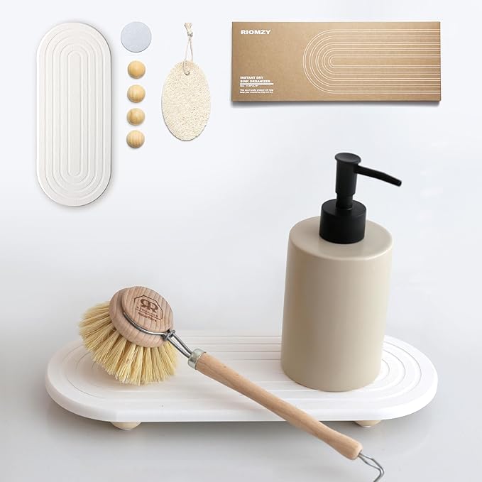 Instant Dry Sink Caddy Organizer – Water Absorbing Stone Tray for Kitchen Bathroom Countertop, Fast Drying Sink Caddy (with Wooden Feet and Natural Loofah, White) by RIOMZY