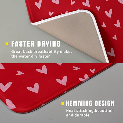 Valentines Dish Drying Mat for Kitchen Counter 16x18 Inch Valentine's Day Red Pink Love Heart Print Absorbent Reversible Microfiber Drying Mats Kitchen Countertop Protector Dishes Drainer Rack Pad - Image 3
