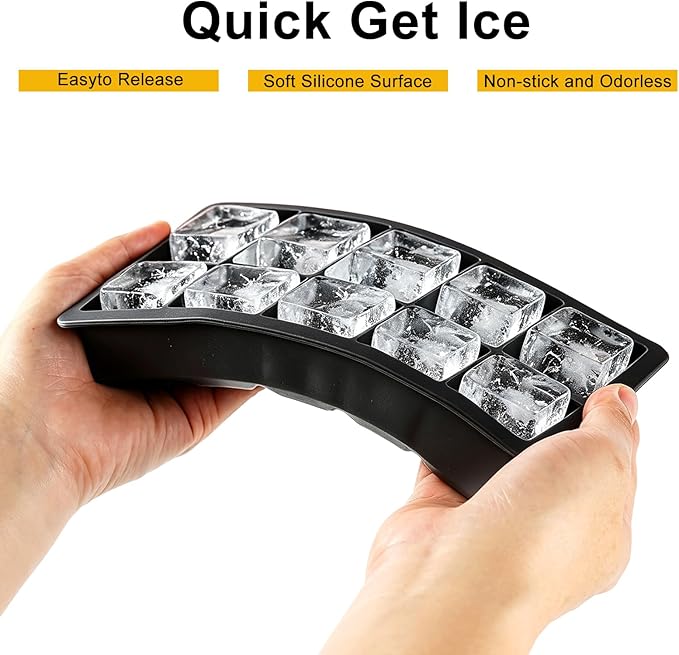 Premium Silicone Ice Cube Trays with Lid - 15 Large Square Ice Cubes for Whiskey, Cocktails, Coffee & More - BPA Free, Stackable, Easy Release & Dishwasher Safe - Black-2pack