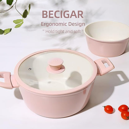 BECIGAR 23pcs Ceramic Pots and Pans Set, Nonstick Detachable Handle Cookware, Induction Kitchen Cooking Set with Removable Handle,include Frying Pans & Saucepans Oven Safe(Pink) - Image 4