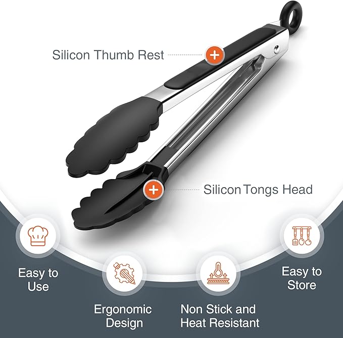 Tribal Cooking Kitchen Tongs with Silicone Tips - Stainless Steel tongs for cooking - 9" and 12" Tongs With Silicone Rubber Non Slip Grips, Heat Resistant Metal Tongs. - Image 2