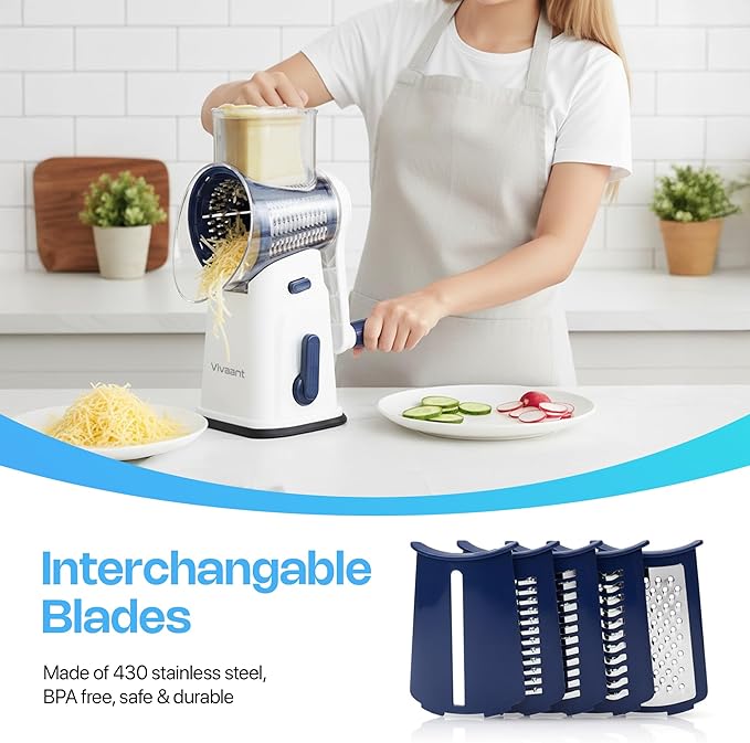 Vivaant Rotary Cheese Grater with Handle, Cheese Shredder Hand Crank with Suction Base & 5 Interchangeable Blades, Multi-Functional Food Chopper for Vegetables, Nuts & Chocolate - Easy to Use & Clean - Image 3
