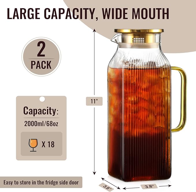 2 Pack 2 Liter/68 oz Square Glass Pitcher with Lid, Classic Stripes Water Pitchers with Handle for Fridge, Large Jug for Iced Tea, Coffee, Borosilicate Glass Carafe for Hot/Cold Brew Drink, Gold - Image 2
