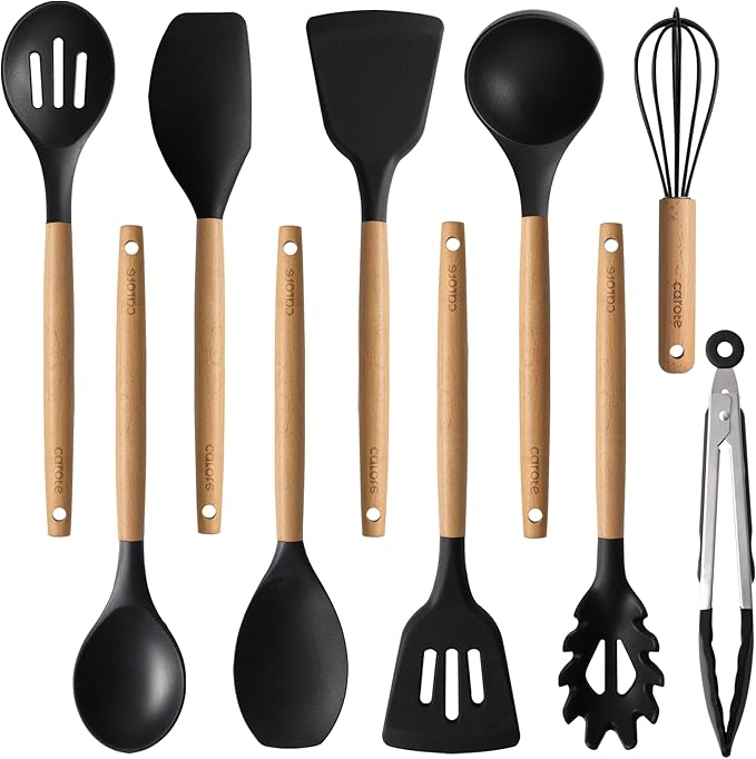 CAROTE Silicone Cooking Utensils Set for Nonstick Cookware, 446°F Heat Resistant Kitchen Utensil Set with Wooden Handle 10pcs, Spatula, Turner, Spoon, Tongs, Whisk by CAROTE