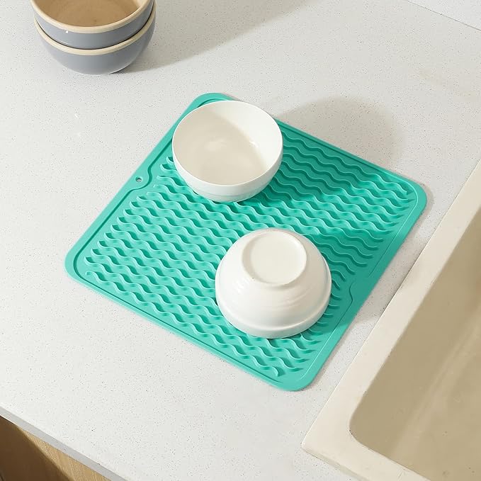 MicoYang Silicone Dish Drying Mat for Multiple Usage,Easy clean,Eco-friendly,Heat-resistant Silicone Mat for Kitchen Counter or Sink,Refrigerator or Drawer liner Mint M 12 inches x 12 inches - Image 7